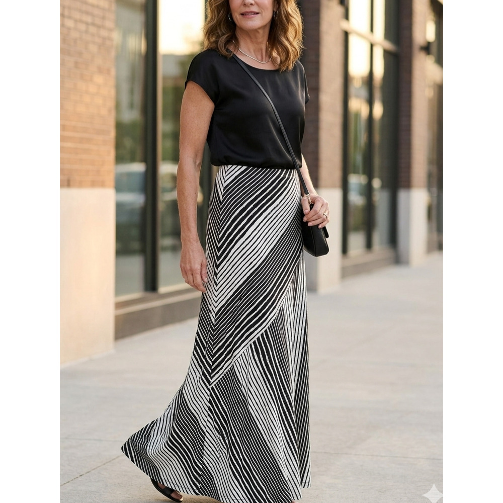 Chico's Lagenlook Black White Striped Maxi Skirt Size 0 (small) Geometric Boho